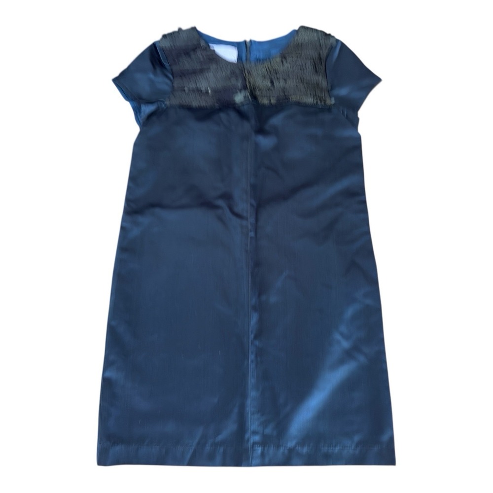 Vera Wang Sequined Party Dress Navy Blue Satin Midi With Black Sequin Neckline‎